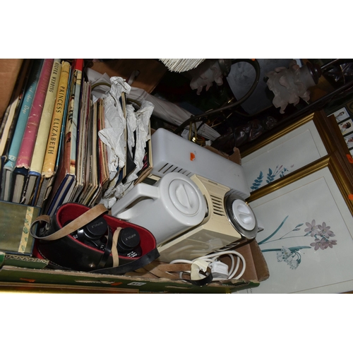 517 - A BOX AND LOOSE SUNDRY ITEMS ETC, to include a vintage Goblin Teasmade, Frank-Nipole 8x30 binoculars... 