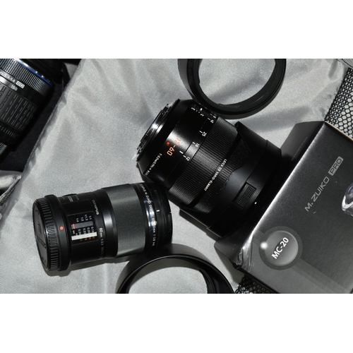 521 - OLYMPUS FITTING  MICRO 4/3 CAMERA LENSES ETC, comprising a Olympus 60mm f2.8 macro lens with box, Ol... 