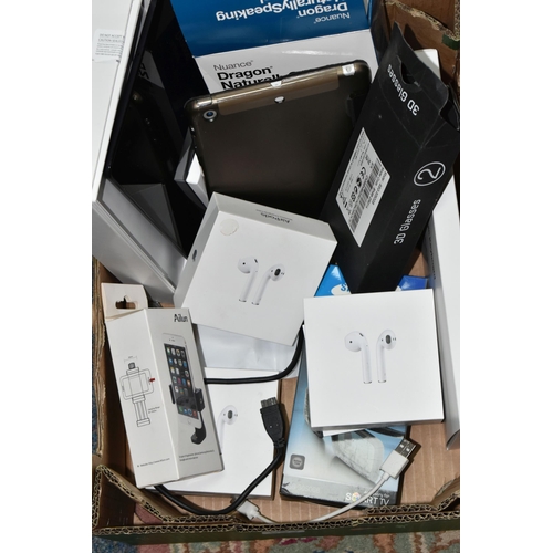 524 - A BOX OF PERSONAL ENTERTAINMENT ELECTRONIC EQUIPMENT ETC, to include a Samsung Galaxy Tab A, an Appl... 