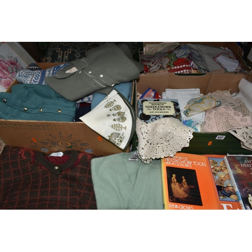 527 - FOUR BOXES AND LOOSE LADIES' CLOTHING, TABLE LINEN AND NEEDLEWORK BOOKS ETC, clothing comprises knit... 