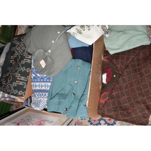 527 - FOUR BOXES AND LOOSE LADIES' CLOTHING, TABLE LINEN AND NEEDLEWORK BOOKS ETC, clothing comprises knit... 