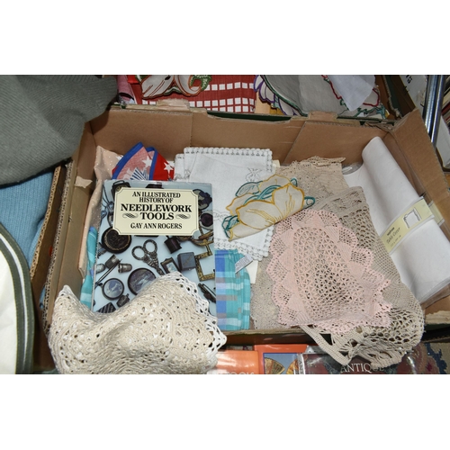 527 - FOUR BOXES AND LOOSE LADIES' CLOTHING, TABLE LINEN AND NEEDLEWORK BOOKS ETC, clothing comprises knit... 