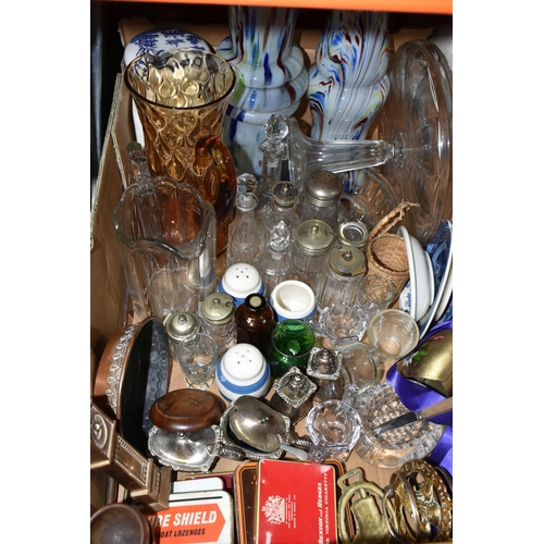 533 - FOUR BOXES OF CERAMICS, GLASS AND METALWARE, to include a fifteen piece Midwinter Stonehenge 'Blue D... 