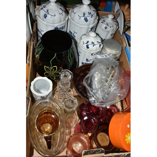 533 - FOUR BOXES OF CERAMICS, GLASS AND METALWARE, to include a fifteen piece Midwinter Stonehenge 'Blue D... 