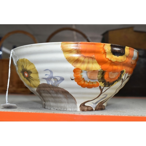 537 - A CLARICE CLIFF BIZARRE BOWL, in Rhodanthe pattern, the ribbed bowl painted with flowers in autumnal... 