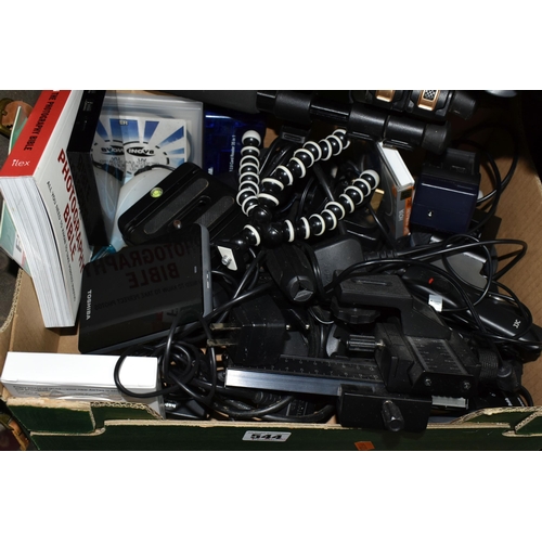 544 - TWO BOXES AND LOOSE PHOTOGRAPHIC ACCESSORIES, to include tripods including Manfrotto 290 with monopo... 