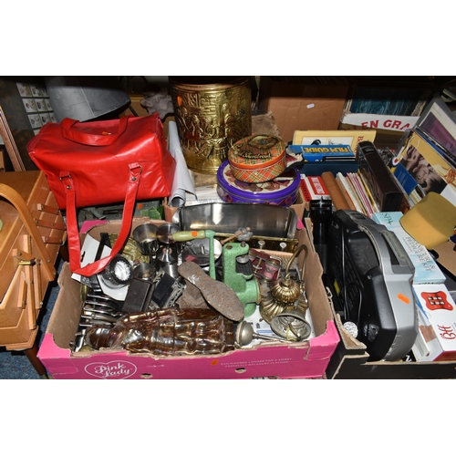 545 - SIX BOXES AND LOOSE METALWARE, EPHEMERA AND SUNDRY ITEMS, to include a sewing box with contents, a K... 