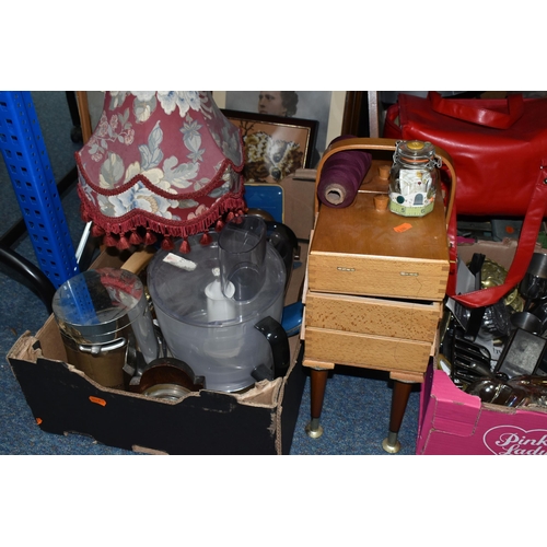 545 - SIX BOXES AND LOOSE METALWARE, EPHEMERA AND SUNDRY ITEMS, to include a sewing box with contents, a K... 