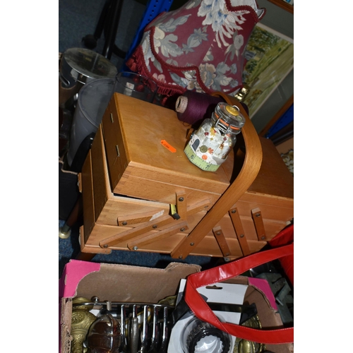 545 - SIX BOXES AND LOOSE METALWARE, EPHEMERA AND SUNDRY ITEMS, to include a sewing box with contents, a K... 