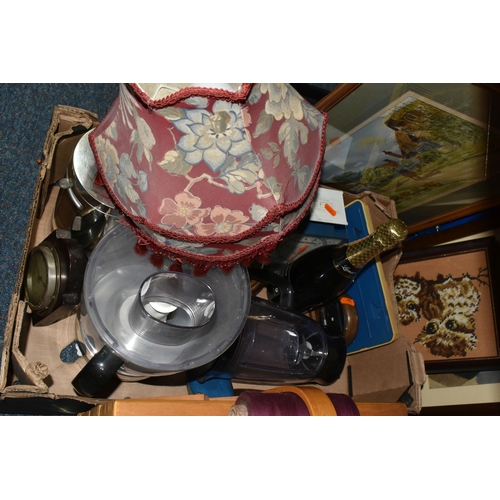 545 - SIX BOXES AND LOOSE METALWARE, EPHEMERA AND SUNDRY ITEMS, to include a sewing box with contents, a K... 