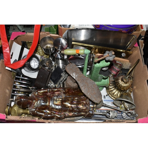 545 - SIX BOXES AND LOOSE METALWARE, EPHEMERA AND SUNDRY ITEMS, to include a sewing box with contents, a K... 