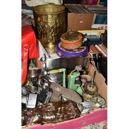 545 - SIX BOXES AND LOOSE METALWARE, EPHEMERA AND SUNDRY ITEMS, to include a sewing box with contents, a K... 