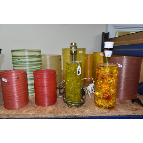 546 - A GROUP OF TABLE LAMPS AND VINTAGE LAMPSHADES, to include a yellow-green Shatterline table lamp base... 