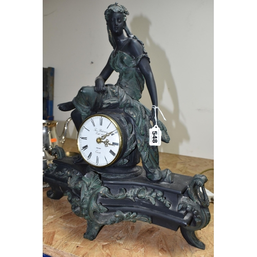 548 - A FIGURAL MANTEL CLOCK AND AN ONEIDA PLATED TEA AND COFFEE SET, comprising a resin figural mantel cl... 