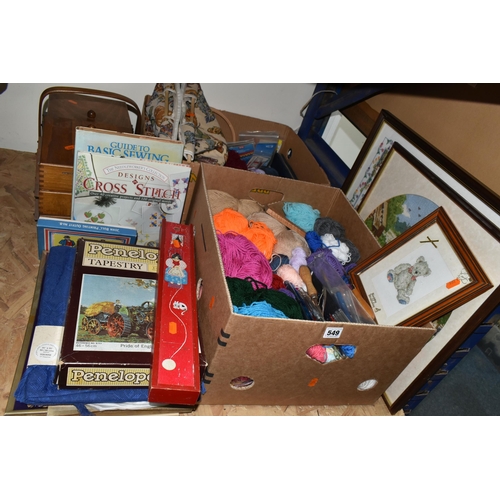 549 - TWO BOXES AND LOOSE KNITTING AND OTHER NEEDLEWORK ITEMS, to include a quantity of yarn, knitting nee... 