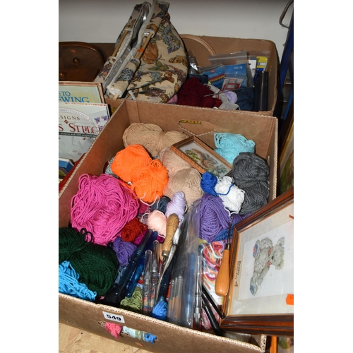 549 - TWO BOXES AND LOOSE KNITTING AND OTHER NEEDLEWORK ITEMS, to include a quantity of yarn, knitting nee... 