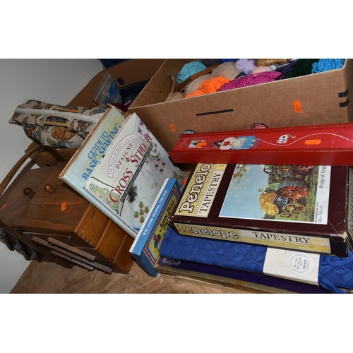 549 - TWO BOXES AND LOOSE KNITTING AND OTHER NEEDLEWORK ITEMS, to include a quantity of yarn, knitting nee... 