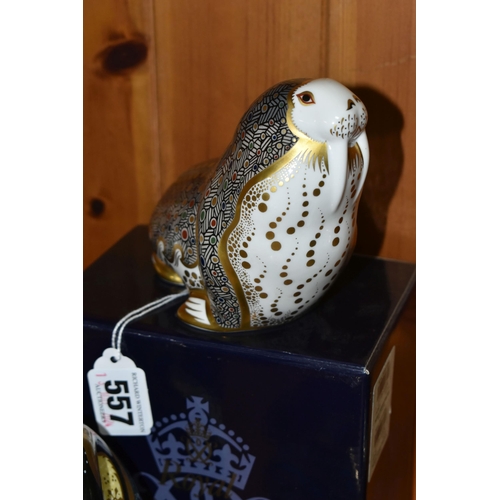 557 - FOUR ROYAL CROWN DERBY PAPERWEIGHTS, comprising boxed Russian Walrus with gold 21st anniversary stop... 