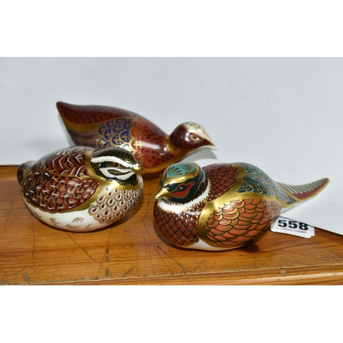 558 - THREE ROYAL CROWN DERBY PAPERWEIGHTS, comprising Woodland Pheasant with gold stopper, Coot with gold... 