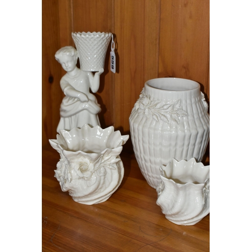 559 - FOUR PIECES OF BELLEEK GIFTWARE, comprising a figure of a girl carrying a basket, 9th mark 1997-2000... 