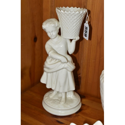 559 - FOUR PIECES OF BELLEEK GIFTWARE, comprising a figure of a girl carrying a basket, 9th mark 1997-2000... 