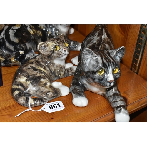 561 - FOUR WINSTANLEY TABBY CAT FIGURES, comprising two lying down kittens size no 2 and no 3, a playful k... 