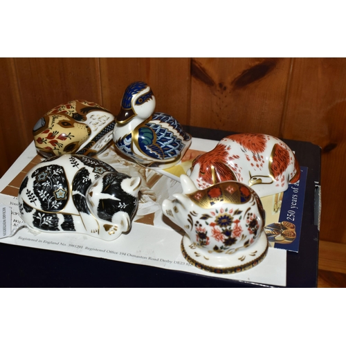 562 - FIVE ROYAL CROWN DERBY PAPERWEIGHTS, comprising two boxed Royal Crown Derby Collectors Guild paperwe... 