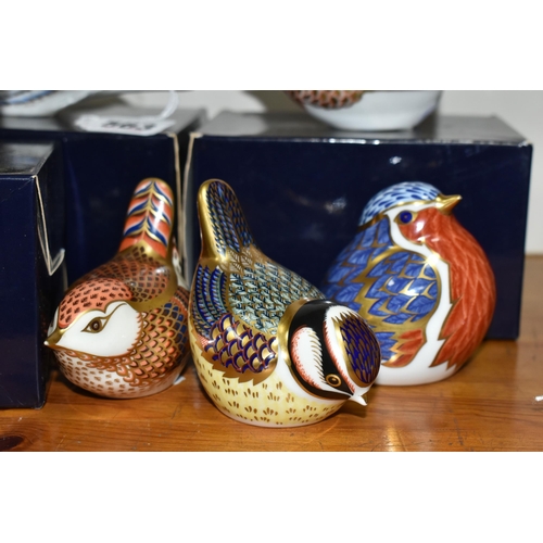 563 - SIX ROYAL CROWN DERBY PAPERWEIGHTS, comprising boxed Great Tit with gold stopper, boxed Coal Tit wit... 