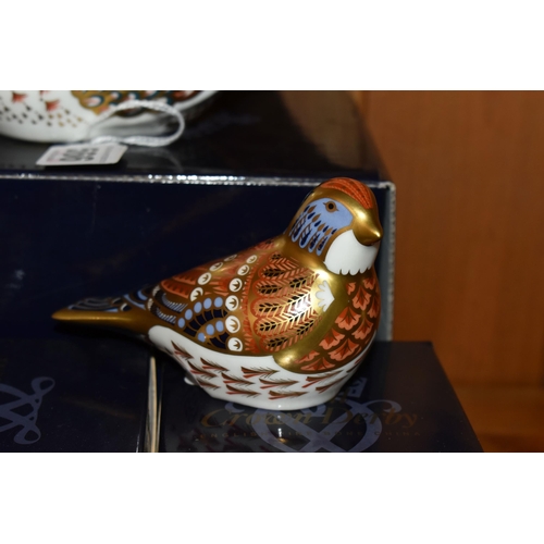 566 - SIX ROYAL CROWN DERBY PAPERWEIGHTS, comprising boxed Turtle Dove with gold stopper, boxed Bee-Eater ... 