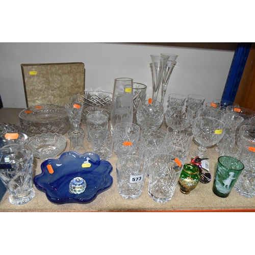 573 - A GROUP OF CUT CRYSTAL AND GLASSWARE, comprising a boxed Waterford 'Marquis' design vase, a Waterfor... 