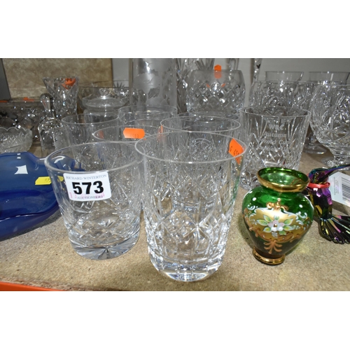 573 - A GROUP OF CUT CRYSTAL AND GLASSWARE, comprising a boxed Waterford 'Marquis' design vase, a Waterfor... 