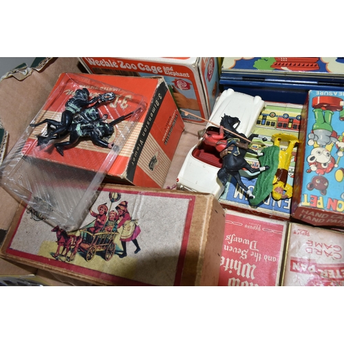 574 - A QUANTITY OF ASSORTED VINTAGE TOYS AND GAMES, to include boxed Mettoy tinplate clockwork Miniature ... 