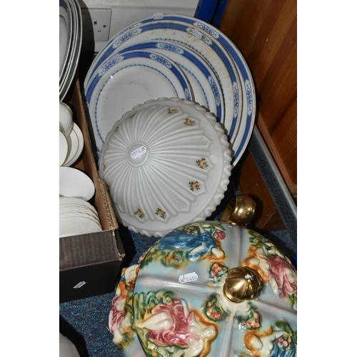 576 - FIVE BOXES OF CERAMICS AND SUNDRIES, to include a Chinese 'Famille Rose' cabinet plate, red characte... 