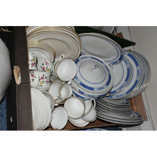 576 - FIVE BOXES OF CERAMICS AND SUNDRIES, to include a Chinese 'Famille Rose' cabinet plate, red characte... 