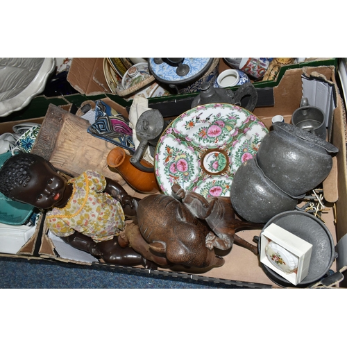 576 - FIVE BOXES OF CERAMICS AND SUNDRIES, to include a Chinese 'Famille Rose' cabinet plate, red characte... 