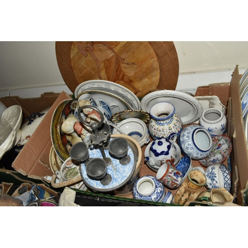 576 - FIVE BOXES OF CERAMICS AND SUNDRIES, to include a Chinese 'Famille Rose' cabinet plate, red characte... 