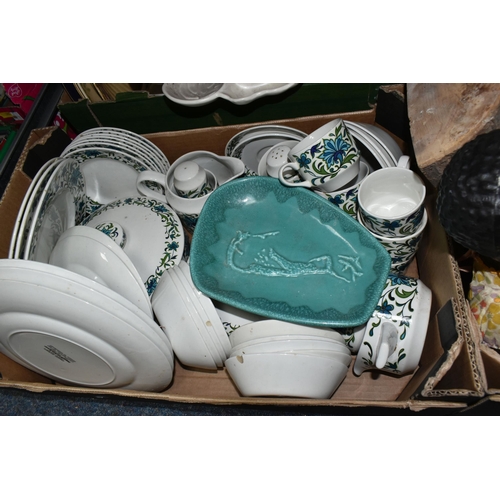 576 - FIVE BOXES OF CERAMICS AND SUNDRIES, to include a Chinese 'Famille Rose' cabinet plate, red characte... 