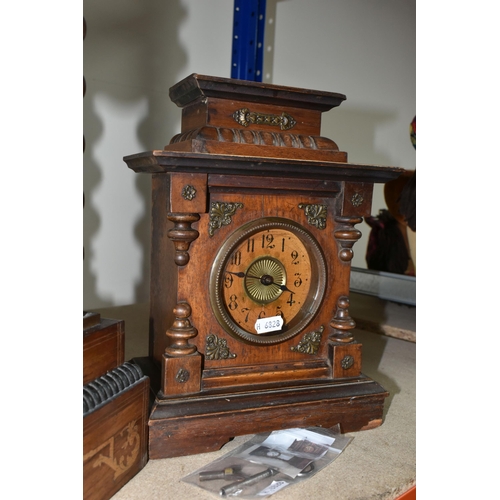 577 - A TALL FRENCH PORTICO CLOCK TOGETHER WITH A GERMAN MUSICAL CLOCK, the French portico clock, has an e... 