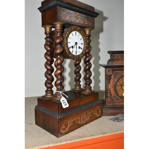 577 - A TALL FRENCH PORTICO CLOCK TOGETHER WITH A GERMAN MUSICAL CLOCK, the French portico clock, has an e... 