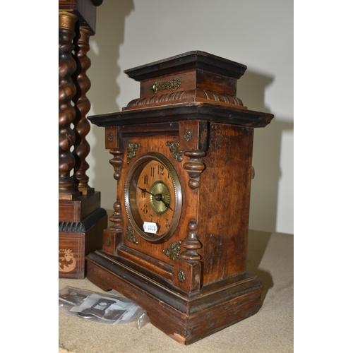 577 - A TALL FRENCH PORTICO CLOCK TOGETHER WITH A GERMAN MUSICAL CLOCK, the French portico clock, has an e... 