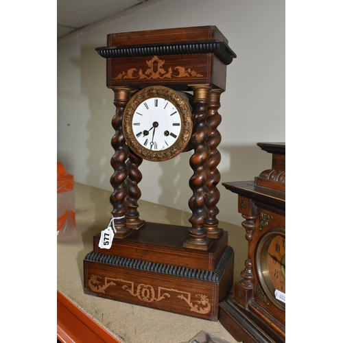 577 - A TALL FRENCH PORTICO CLOCK TOGETHER WITH A GERMAN MUSICAL CLOCK, the French portico clock, has an e... 