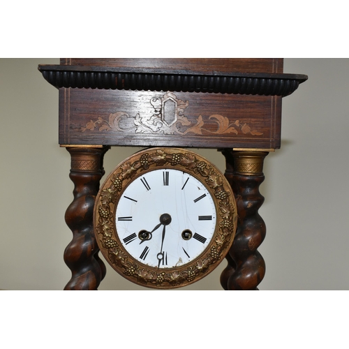 577 - A TALL FRENCH PORTICO CLOCK TOGETHER WITH A GERMAN MUSICAL CLOCK, the French portico clock, has an e... 