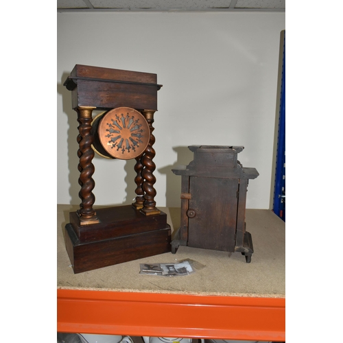 577 - A TALL FRENCH PORTICO CLOCK TOGETHER WITH A GERMAN MUSICAL CLOCK, the French portico clock, has an e... 