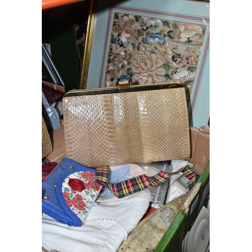 582 - ONE BOX OF VINTAGE HANDKERCHIEFS, EMBROIDERY KITS, AND SNAKE SKIN HANDBAGS, with a large collection ... 