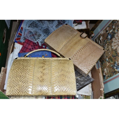 582 - ONE BOX OF VINTAGE HANDKERCHIEFS, EMBROIDERY KITS, AND SNAKE SKIN HANDBAGS, with a large collection ... 