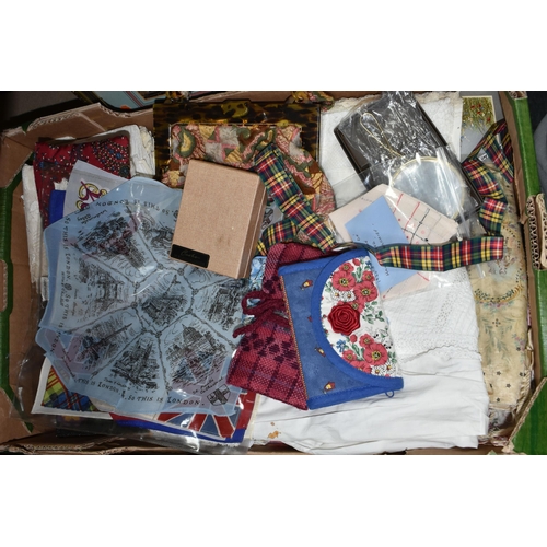 582 - ONE BOX OF VINTAGE HANDKERCHIEFS, EMBROIDERY KITS, AND SNAKE SKIN HANDBAGS, with a large collection ... 