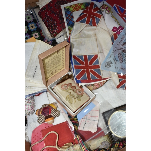 582 - ONE BOX OF VINTAGE HANDKERCHIEFS, EMBROIDERY KITS, AND SNAKE SKIN HANDBAGS, with a large collection ... 