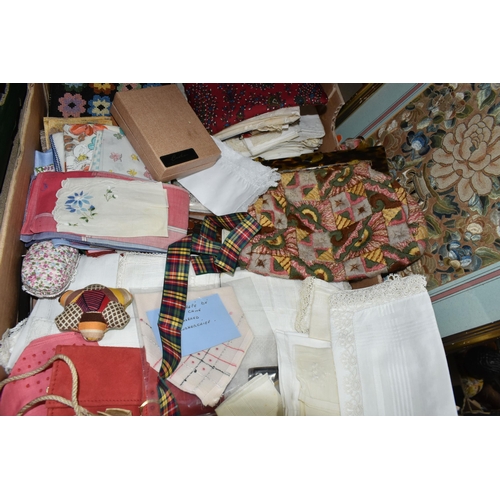 582 - ONE BOX OF VINTAGE HANDKERCHIEFS, EMBROIDERY KITS, AND SNAKE SKIN HANDBAGS, with a large collection ... 