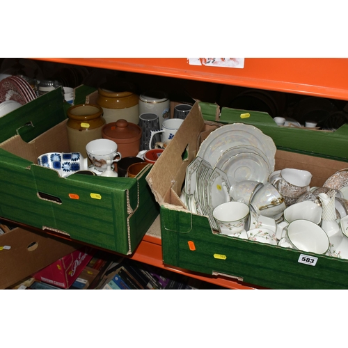 583 - FIVE BOXES OF CERAMICS, including a Johnson Brothers 'Eternal Beau' tea set, a 'Colclough' tea set, ... 