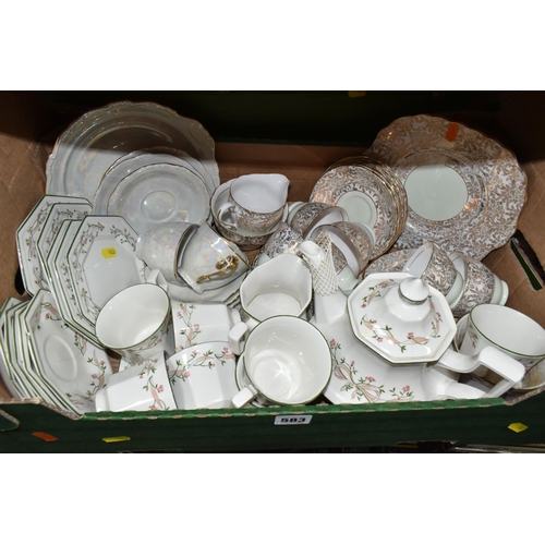 583 - FIVE BOXES OF CERAMICS, including a Johnson Brothers 'Eternal Beau' tea set, a 'Colclough' tea set, ... 